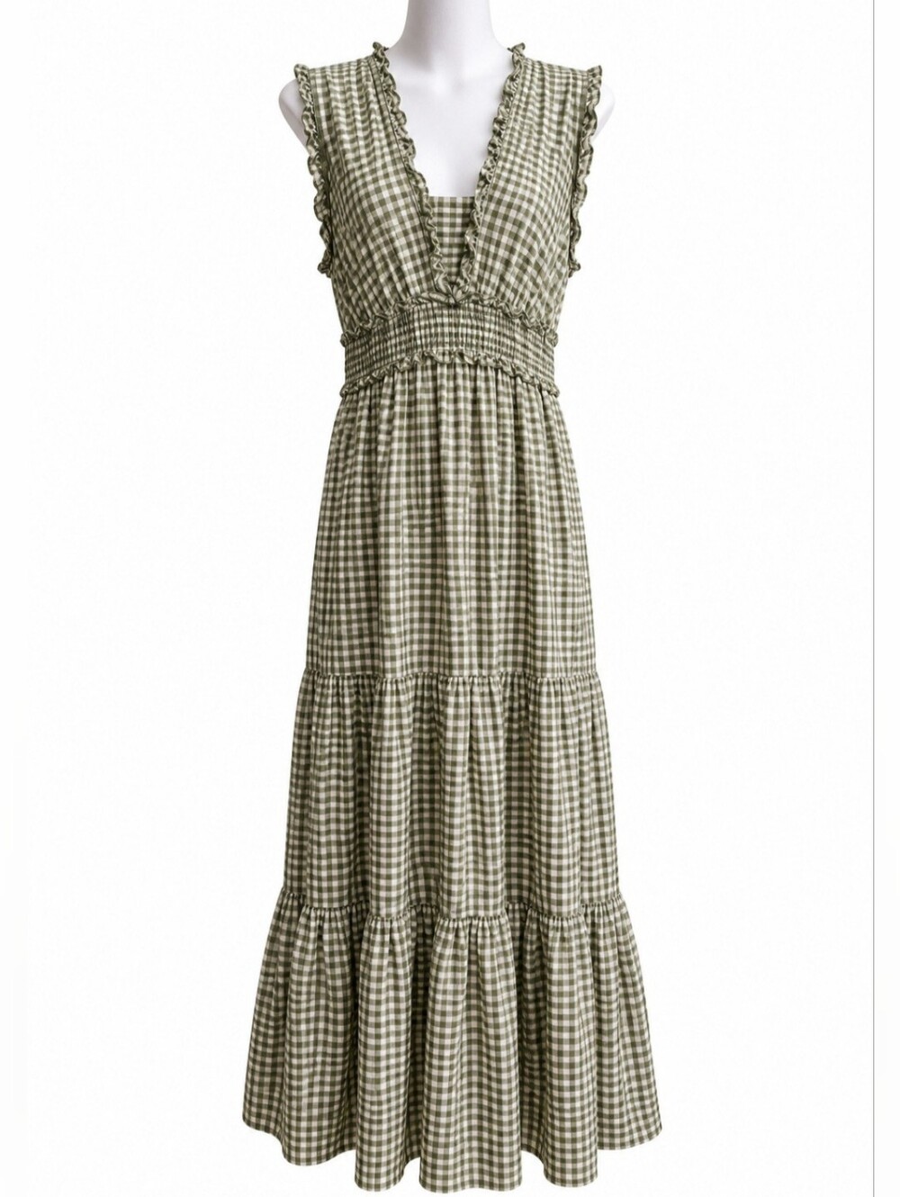 0202 Max Studio Green Gingham Smocked Tiered Maxi Dress Large Prairie Farmhouse